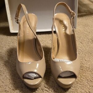 WORN ONCE Metaphor Nude Patent Peep-Toe Slingback Heels